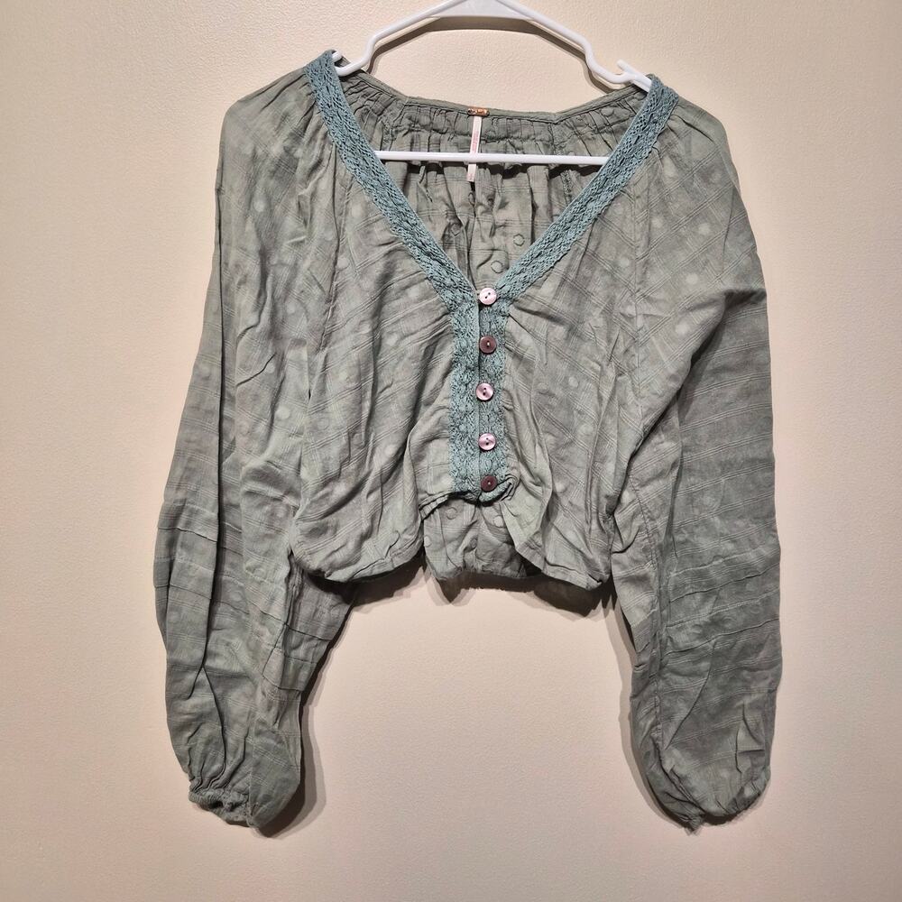 Free People Small Cropped Balloon Sleeve Lace Trim Button Up Peasant Top green